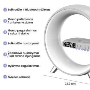 Светодиодная лампа с зарядным устройством для беспроводного телефона, динамиком и будильником Užsisakykite Trendai.lt 15