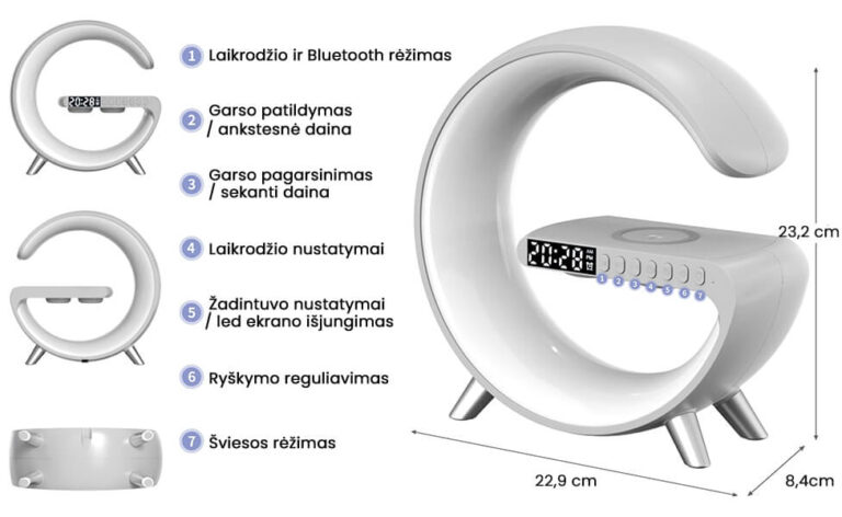 Светодиодная лампа с зарядным устройством для беспроводного телефона, динамиком и будильником Užsisakykite Trendai.lt 8