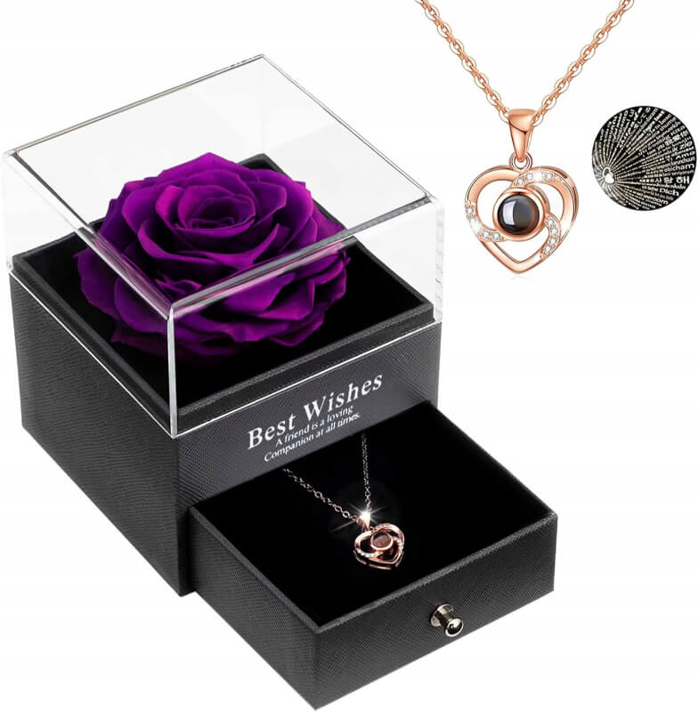 Шкатулка для драгоценностей с розой и ожерельем со словом «Любовь на 100 языках» Užsisakykite Trendai.lt